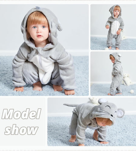 Unisex Baby Animal Costume Winter Autumn Flannel Hooded Romper Cosplay Jumpsuit