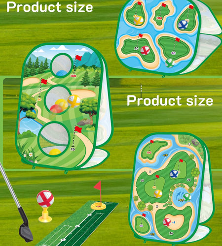 4 in 1 Kids Golf Games Set Golf Putting Practice Mat 3-Sided Golf Chipping Net with Club Kid Adults Multiple Modes Golf Practice