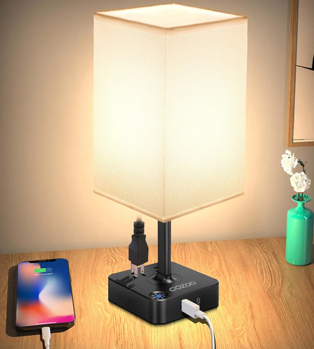 USB Bedside Table & Desk Lamp with 3 USB Charging Ports and 2 Outlets Power Strip,Black Charger Base with White Fabric Shade, LED Light for Bedroom/Nightstand/Living Room