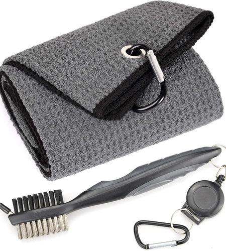 Microfiber Waffle Pattern Tri-Fold Golf Towel | Brush Tool Kit with Club Groove Cleaner, Retractable Extension Cord and Clip
