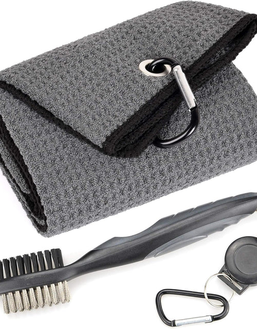 Load image into Gallery viewer, Microfiber Waffle Pattern Tri-Fold Golf Towel | Brush Tool Kit with Club Groove Cleaner, Retractable Extension Cord and Clip
