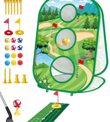 4 in 1 Kids Golf Games Set Golf Putting Practice Mat 3-Sided Golf Chipping Net with Club Kid Adults Multiple Modes Golf Practice
